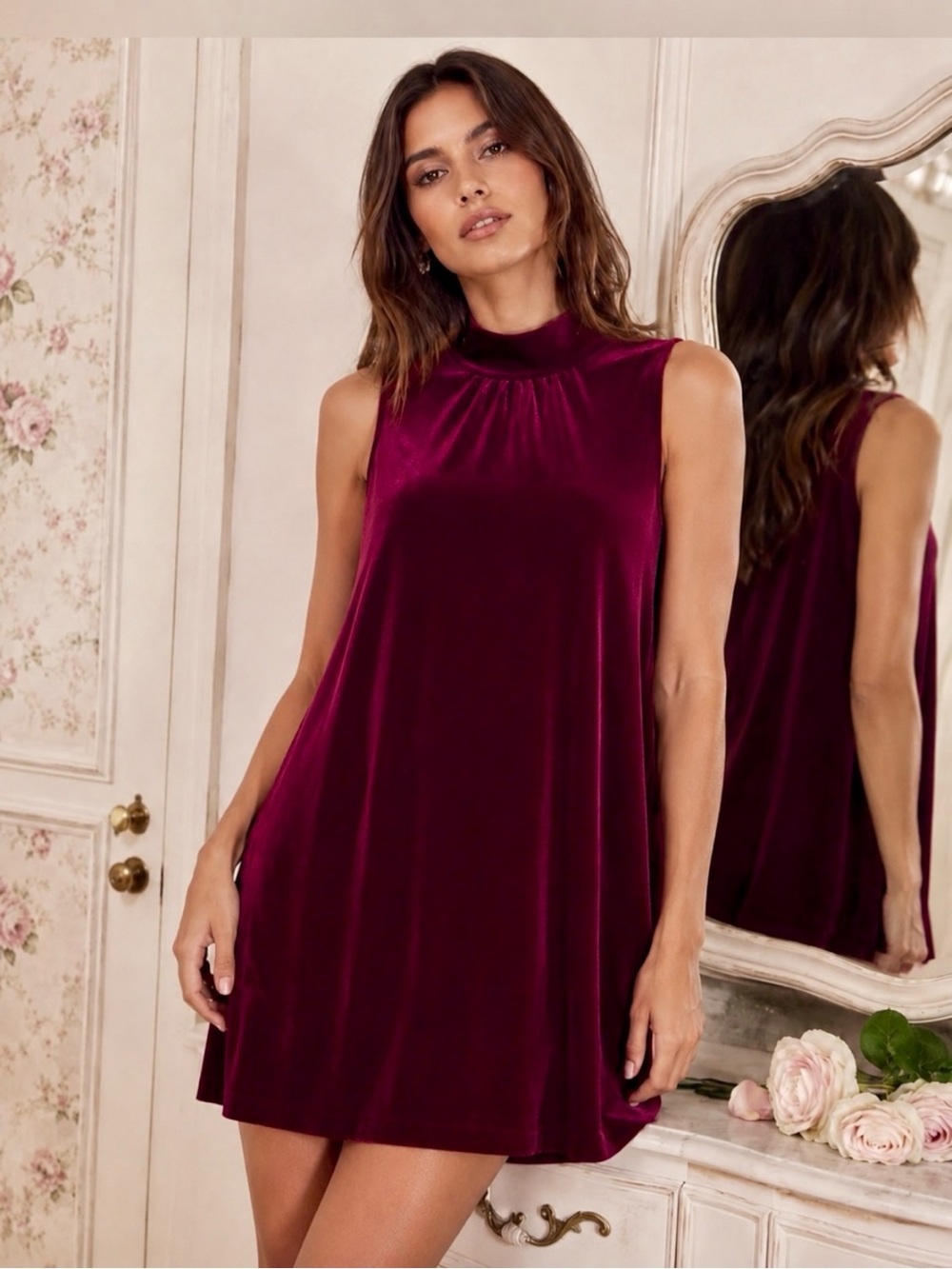 Burgundy Velvet Mock Neck Swing Dress 14 Dark Coquette Gothic Romance Holiday
